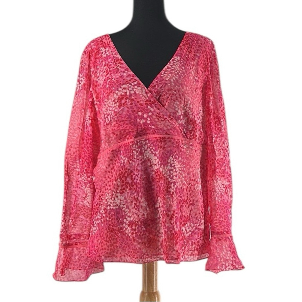 Ann Taylor silk blouse Pink Pattern Flowy v neck flattering top sz xl